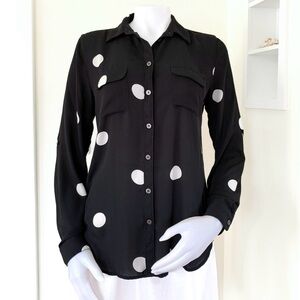 Black with white polka dots semi sheer button front long sleeve blouse by LOFT